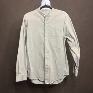 Eddie Bauer Band Collar Shirt Men M Tan Green Cotton Long Sleeve Casual